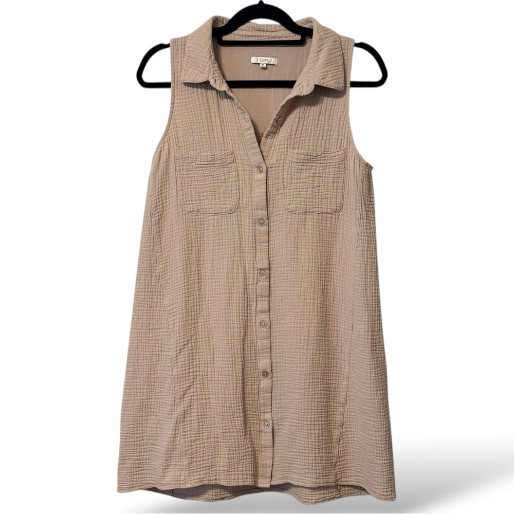 Z Supply New Light Mini Dress Putty Sz M 100% Cotton Gauze Sleeveless Button Up - Picture 4 of 10